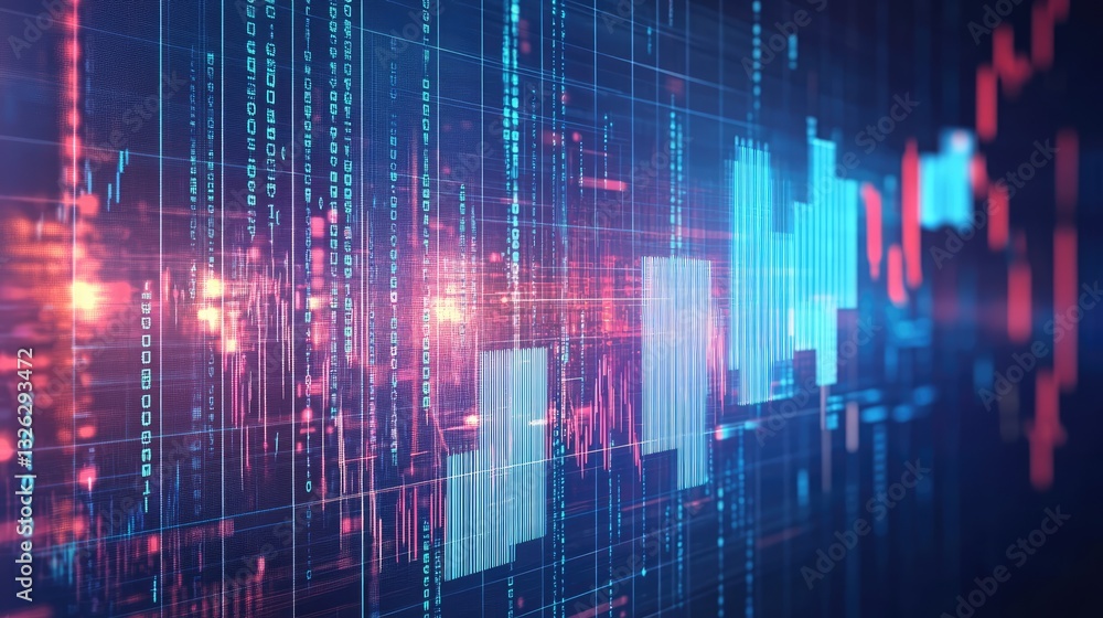 Poster a digital business growth concept with upward-trending graphs and binary code overlays.