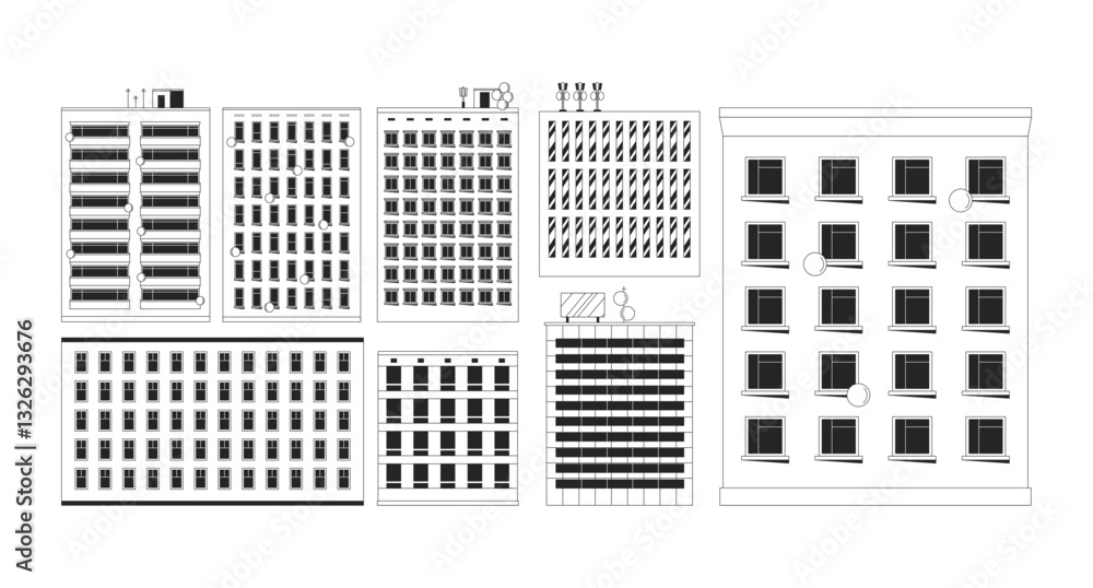 Poster highrise buildings in variety of architectural styles with antennas 2d line objects set. downtown of