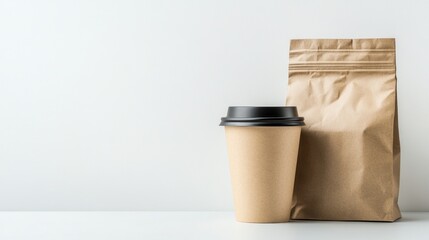 a coffee cup and a paper bag on a flat surface.