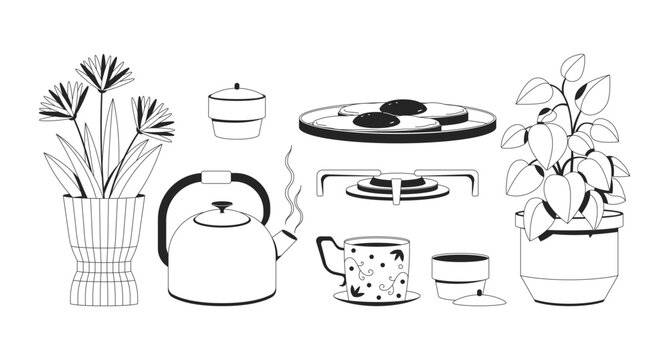 Cozy kitchen items in Lo-Fi aesthetic 2D line objects set. Teapot, fried eggs, potted plants, gas stove, teacup isolated cliparts vector ink outline items. Monochrome spot illustrations collection