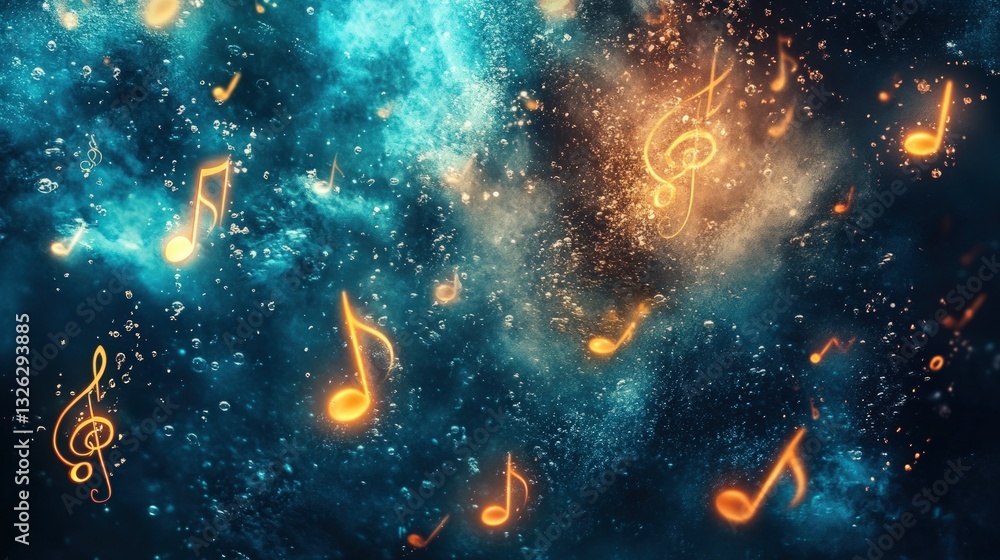 Poster abstract background of musical notes and treble clef elements floating in a cosmic blue and orange n