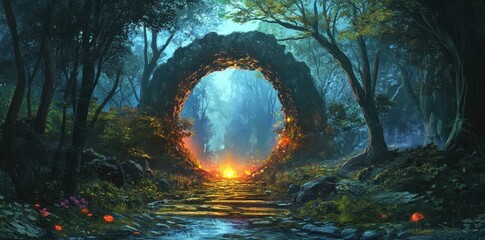 Fototapeta premium A pathway to the glowing portal in a serene forest setting
