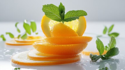 refreshing fruit composition, sculptural orange presentation, aromatic mint garnish, geometric citrus layers, clean white setting, culinary art style