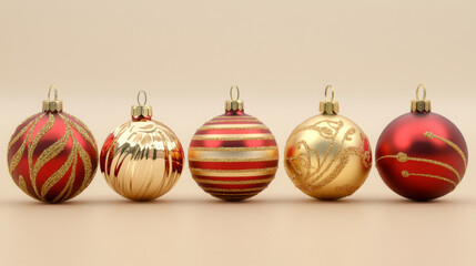 Luxurious red and gold Christmas ornaments with glitter details, festive holiday baubles, elegant seasonal decor, stylish winter decorations, modern minimalist background, New Year celebration