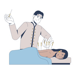 Acupuncture therapy for holistic healing 2D vector illustration. Tcm practitioner placing needles along female patient back flat characters isolated on white background. Colorful cartoon image