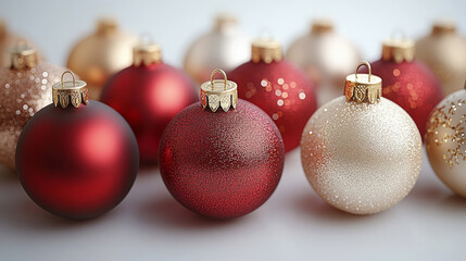 Elegant Christmas ornaments with gold caps, red and white festive baubles, sparkling holiday decorations, winter celebration decor, luxury seasonal background, soft bokeh lights