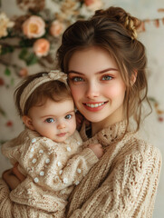 Mother and baby share a joyful moment in cozy sweaters