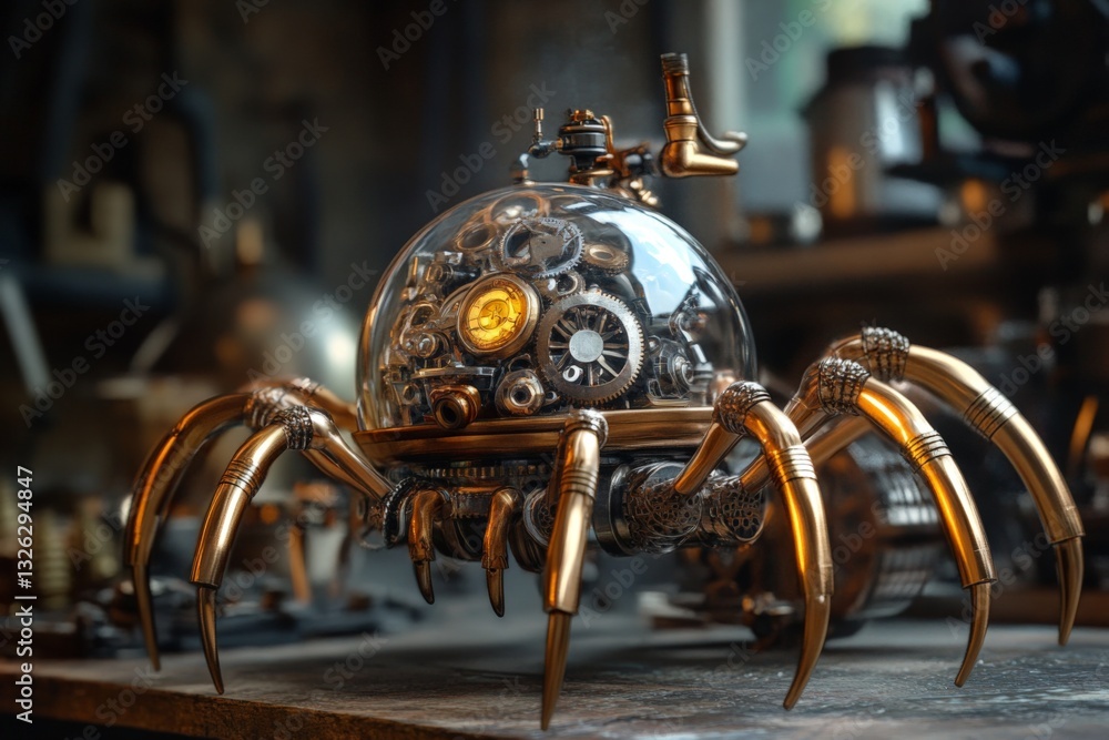 Poster intricate steampunk spider sculpture showcasing elaborate gears and design in a cozy workshop settin
