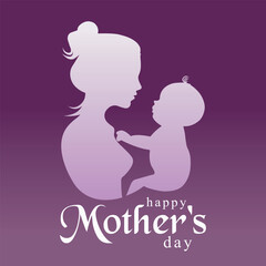 Happy Mother's Day Silhouette of a mother holding a baby purple background, vector style, simple design