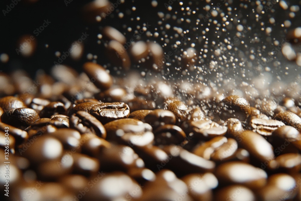 Aufkleber Coffee beans scattered with fine dust creating a dynamic and rich texture in a dark environment