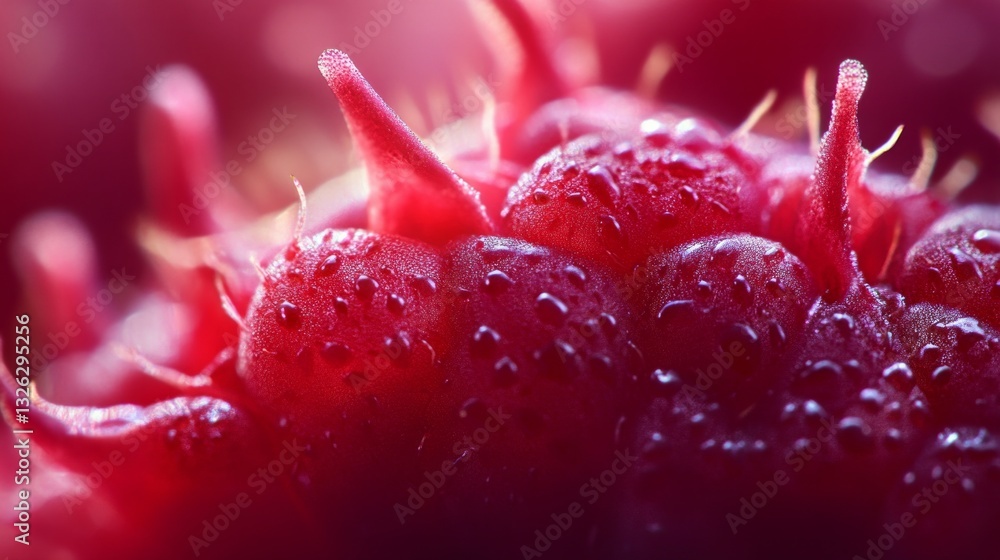 Poster a close up of a red raspberry with droplets of water on it