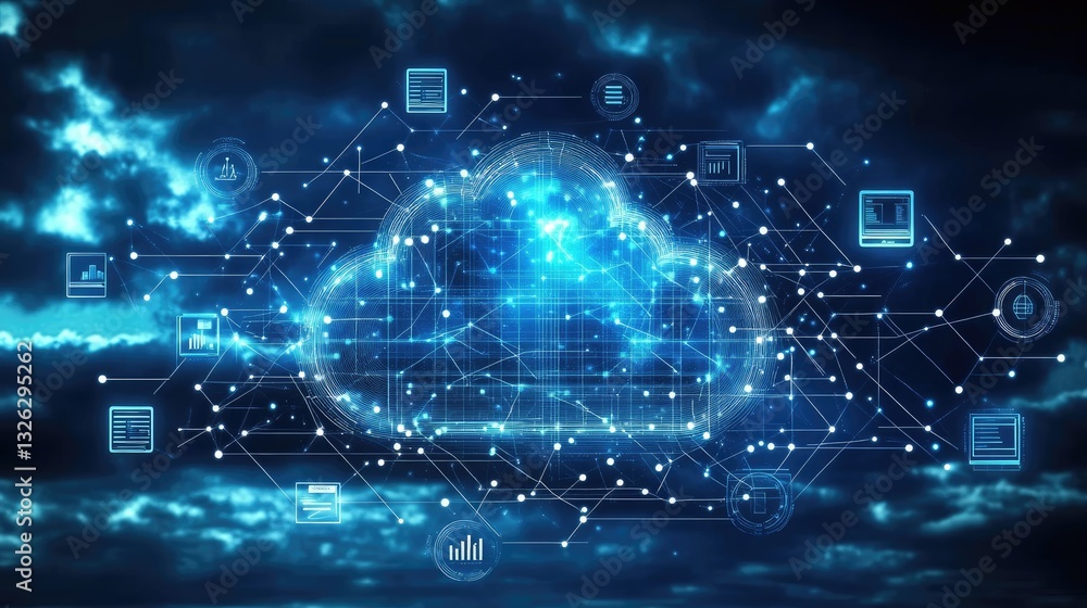 Poster a futuristic network of smart business devices connected through real-time cloud technology.