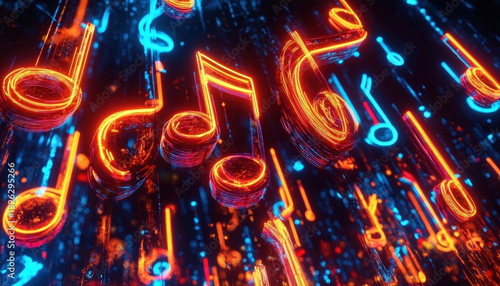 Poster glowing musical notes in vibrant orange and blue against a dark background creating a dynamic abstra