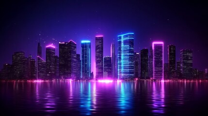 Fototapeta premium Futuristic neon cityscape at night with reflective waterfront and vibrant skyscrapers