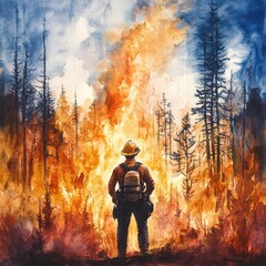 Obraz premium Watercolor of Firefighter Standing Strong Amidst Raging Wildfires and Smoke