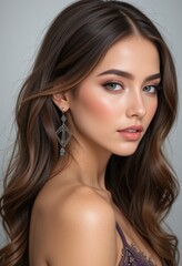 Naklejka premium Beautiful girl with great makeup and stylish hairdo. Makeup and hairdo perfectly highlight facial features. For advertising a beauty salon, hairdresser, makeup studio and cosmetic services
