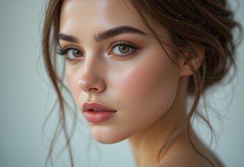 Obraz premium Beautiful girl with great makeup and stylish hairdo. Makeup and hairdo perfectly highlight facial features. For advertising a beauty salon, hairdresser, makeup studio and cosmetic services