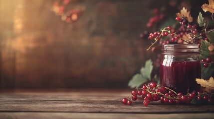 Rustic jar of red berry jam with fresh currants and autumn leaves on wooden table