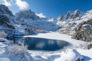 Snow-covered mountains embrace a serene frozen lake in a winter landscape under a clear blue sky