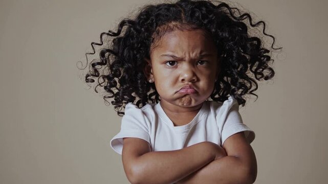 little girl is standing with her arms crossed and looking at the camera, on a beige background. The child looks angry or grumpy. Portrait of a little kid in a white t-shirt against a wall