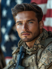 Fototapeta premium Portrait of a soldier with American flag backdrop