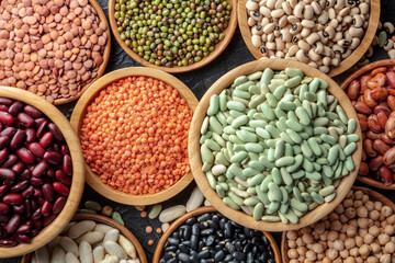 Various legumes, overhead flat lay shot. Many different pulses, an assortment. Plant-based food, shot from the top