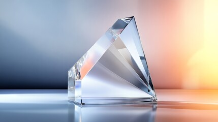 transparent achievement awards, contemporary geometric designs, mixed base materials, reflective display surface, soft studio lighting, premium crystal collection, professional showcase