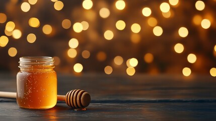 Jar of honey with dipper on wooden table with warm bokeh lights