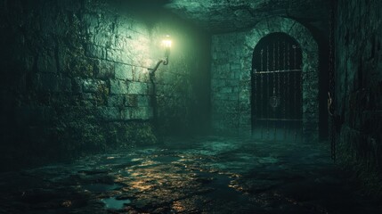Mysterious Underground Passage with Illuminated Lamp and Locked Gate Dark Stone Walls Flooded