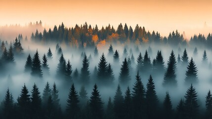 Obraz premium Misty pine forest at sunrise with fog and autumn colors