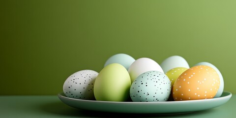 Colorful decorated easter eggs on plate against green background