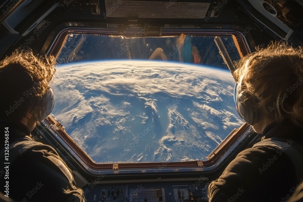 Poster explorers observe earth’s beauty from a spacecraft window high above the atmosphere during a space m