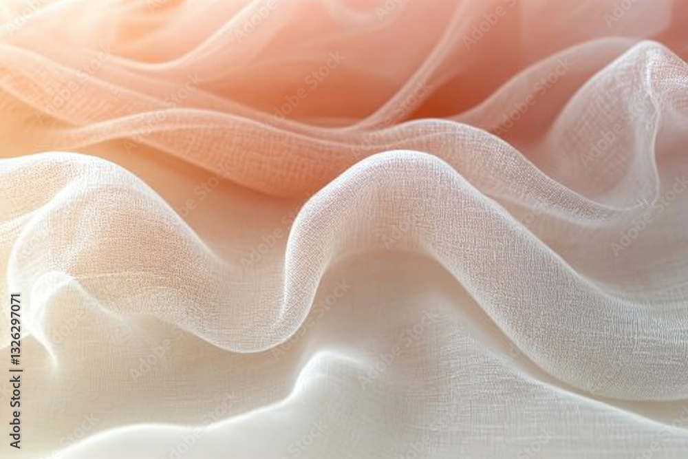 Poster soft, flowing fabric draping gently in hues of peach and white with delicate texture under warm ligh