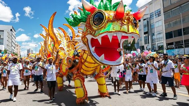 Dragon Float Parade: A vibrant carnival scene unfolds, with a massive dragon float as the centerpiece, surrounded by a crowd of joyful participants under a clear, sunny sky.