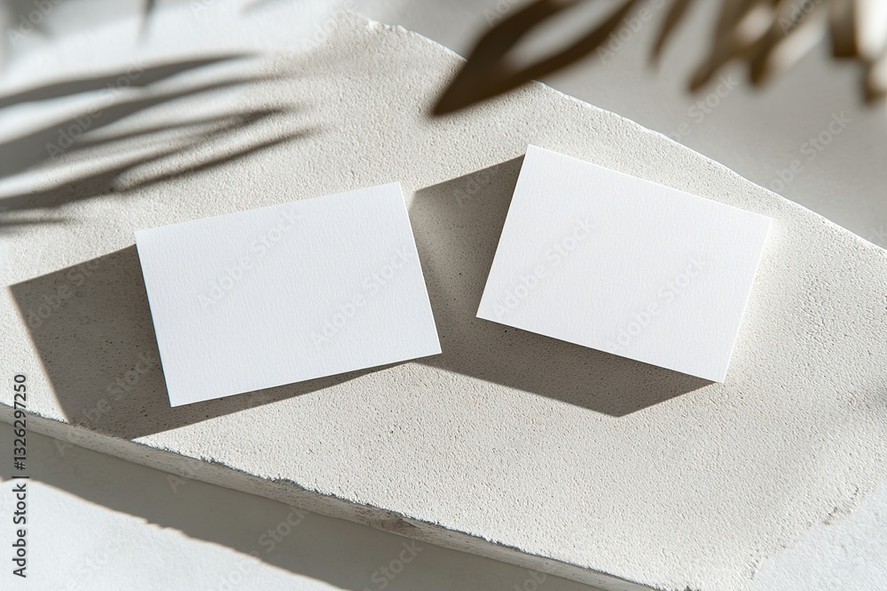 Poster two blank business cards lay on a smooth concrete slab. the sharp shadows create a striking contrast