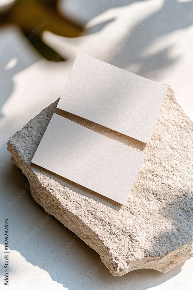 Poster two blank business cards rest on a textured stone slab, creating a minimalist setting. sharp shadows