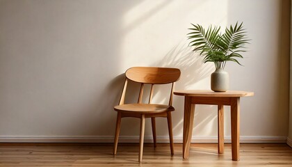  A wooden chair is sitting in front of a table. A vase with a plant is on the table