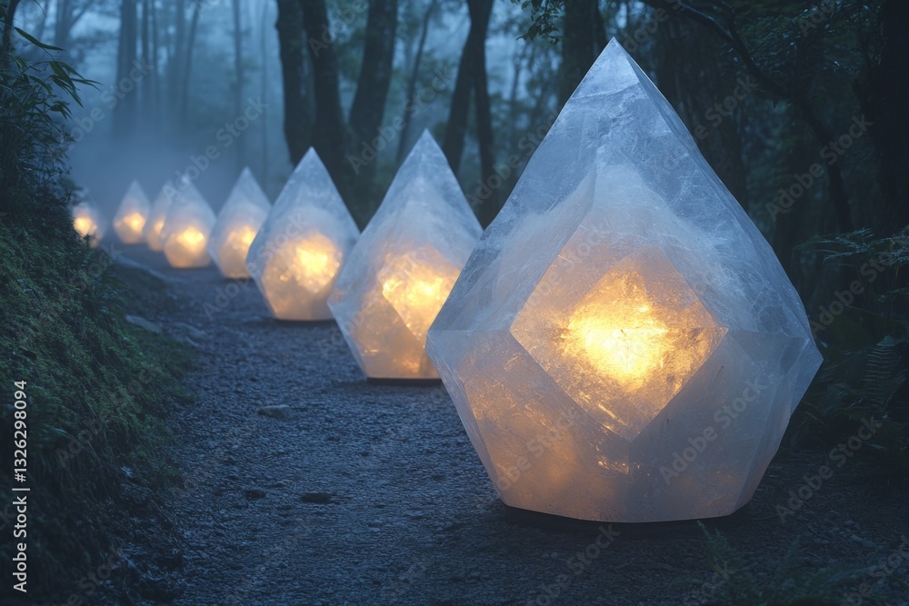 Aufkleber illuminated crystal shapes line a misty forest path during twilight