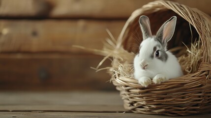 Obraz premium Adorable baby rabbit in woven basket resting on wooden floor