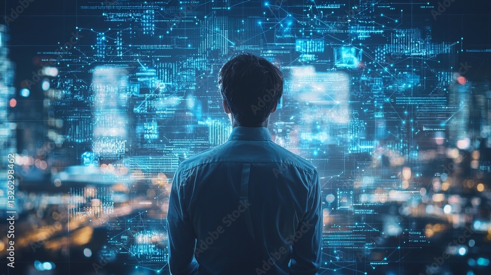 Poster a man is looking at a computer screen with a city view in the background