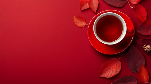 Red teacup with autumn leaves on rich scarlet background