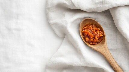 Wooden spoon with spicy red sauce on white fabric background