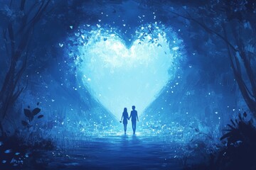 Obraz premium Couple walking hand in hand through a magical forest illuminated by blue heart-shaped light at twilight