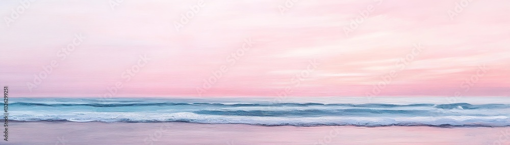 Poster this artwork portrays a minimalist seascape at dawn. soft pink and lavender hues create a tranquil a