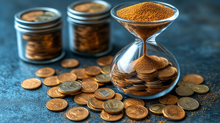 hourglass filled with coins symbolizes passage of time and wealth. coins are scattered around, creating sense of urgency and value