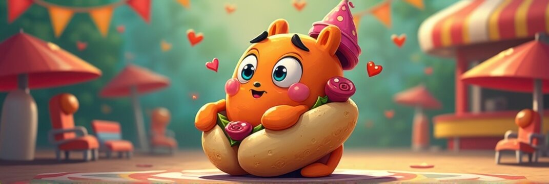 Cute orange cartoon character with party hat and rose earmuffs in a whimsical park setting