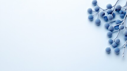Frosted blue berries on a winter branch with subtle white background