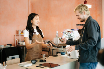 waitress with pos at coffee shop with sale, deal and fintech for customer experience. People, service and payment