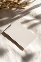 A blank business card rests on a sleek white surface, softly highlighted by natural lighting. The soft shadows and blurred background create a refined, professional appearance ideal for branding