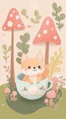 A cute fox sitting comfortably inside a teacup in the forest
